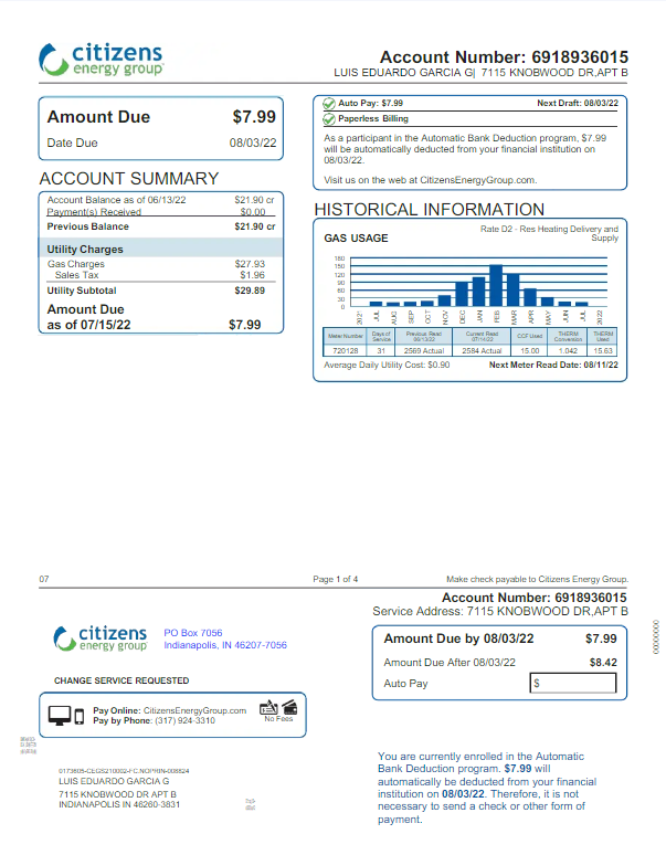 USA INDIANAPOLIS CITIZENS ENERGY GROUP utility bill Word and PDF template